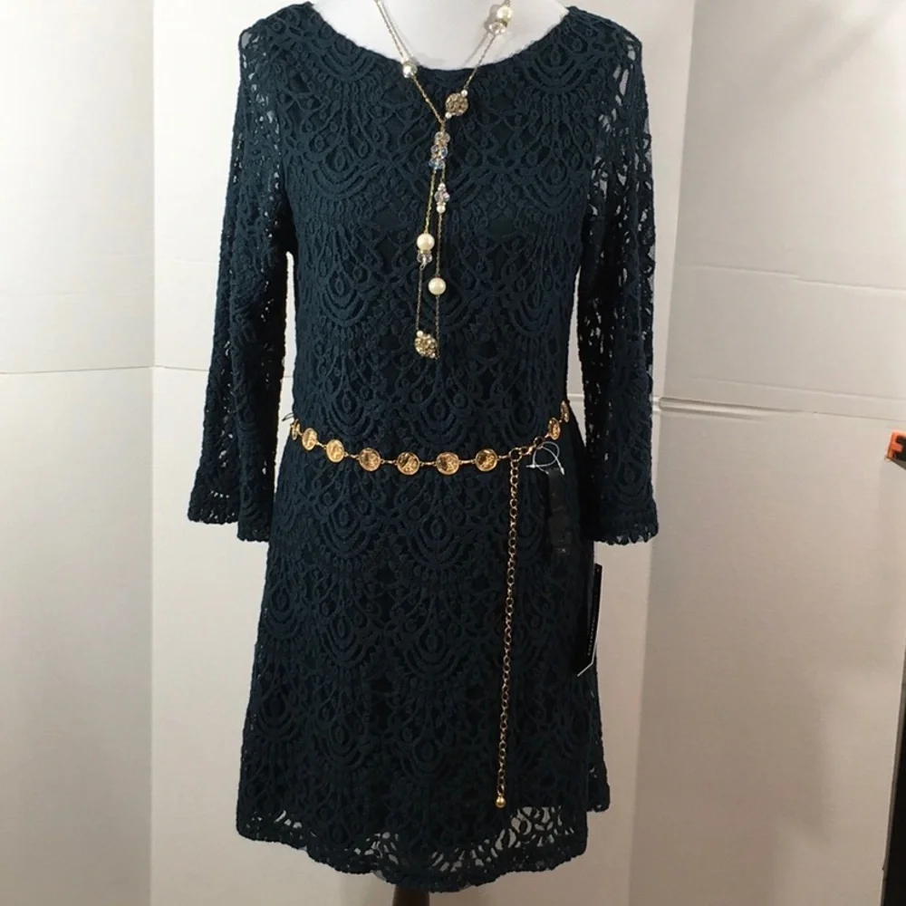 Sharagano teal lace sheath dress NWT